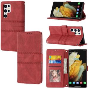 Voor Samsung Galaxy S23 Ultra 5G Relif Strepen Skin Feel Leather Phone Case(Rood)