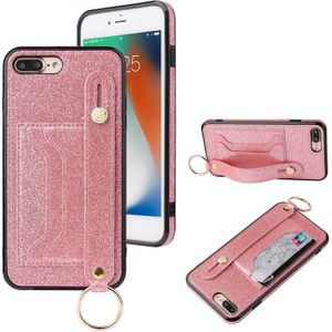 Glitter Powder PU+TPU Schokbestendige beschermhoes met houder & kaartslots & polsbandje voor iPhone 8 Plus / 7 Plus(Roze)