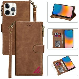 Voor iPhone 14 Rits Multi-kaartsleuven Horizontale Flip Leather Case Pro Max (Bruin)