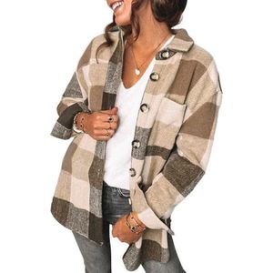 Revers lange mouwen flanel check shirt losse casual vest jack voor dames (kleur: Khaki Size: XXL)