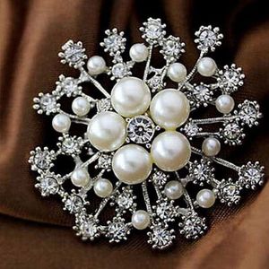 Vrouwen grote sneeuwvlok imitatie parels Strass kristal broche PIN sieraden (wit)