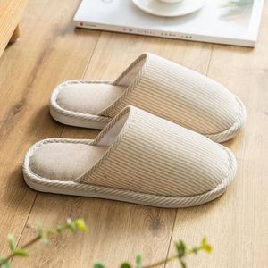 Herfst Winter Huispantoffels Gestreept Linnen Antislip Zachte Onderkant Katoenen Slippers  Maat: 38-39 (Beige)