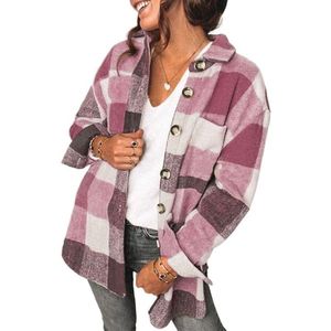 Revers lange mouwen flanel check shirt losse casual vest jack voor dames (kleur: paars rood maat: L)