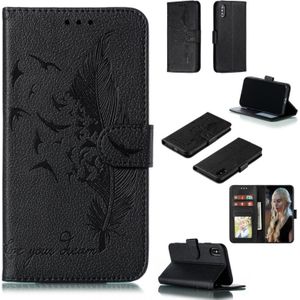 Feather patroon Litchi textuur horizontale Flip lederen draagtas met portemonnee & houder & kaartsleuven voor iPhone XS/X (zwart)