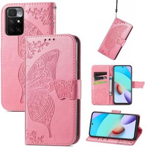 Butterfly Love Flowers Relif Horizontale Flip Leren Case met Houder & Card Slots & Wallet & Lanyard voor Xiaomi Redmi 10 (Pink)