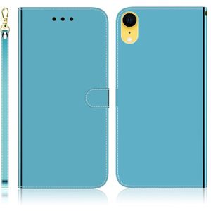 Voor iPhone XR Gemiteerd spiegeloppervlak horizontale flip lederen hoes met houder & kaartsleuven & portemonnee & lanyard(blauw)