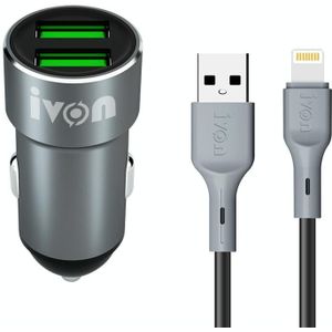 Ivon CC38 2.4A dubbele USB-autolader + 1m USB tot 8-pins Snelle laadgegevenskabel Set