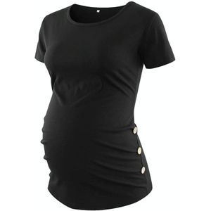 Zwangerschap Korte Mouwen T-shirt Zijknoppen Geplooide Top (Kleur: Zwart Maat: M)