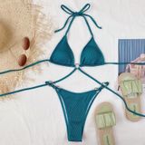 2 in 1 effen kleur pit-gestreepte bikini dames split badpak set met borstkussen (kleur: groen maat: L)