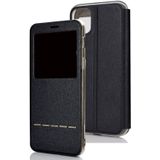 Voor iPhone 11 Pro Max matte textuur horizontale Flip beugel mobiele telefoon holster venster met beller-ID en metalen knop dia te ontgrendelen (zwart)