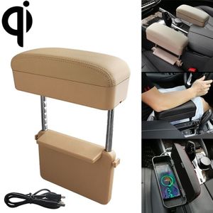 Universal Car Wireless Qi Standaard Charger PU Leder verpakt armsteun Box Cushion Auto Armsteun Box Mat met opbergdoos (Beige)