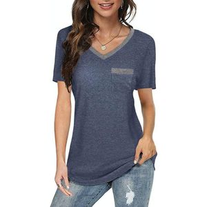 Zomerkleur Matching V-hals Pocket Losse Casual Katoen T-shirt met korte mouwen voor dames (kleur: Navy Blue Size: S)