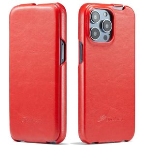 Voor iPhone 14 Pro Max Fierre Shann Olie Wax Textuur Verticale Flip PU Telefoon Case (Rood)