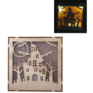 Houten Halloween Heks Pompoen Haunted House LED-verlichting Driedimensionale ornamenten (JM01498)