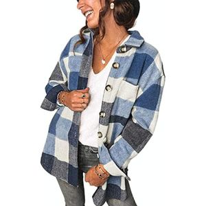 Revers lange mouwen flanel check shirt losse casual vest jack voor dames (kleur: blauw maat: XXL)