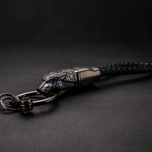 EERLIJK met diamant ingelegde auto sleutelhanger lederen koord luipaard metalen sleutelhanger hanger (Basic Black)