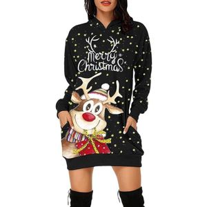 Dames Kerst Elk Print Lange Mouwen Sweatshirt Jurk (Kleur: Zwart Maat: M)