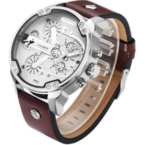 CAGARNY 6820 modieuze multifunctionele stijl Quartz Business sport polshorloge met lederen band & GMT tijd & kalender & lichtgevende display voor mannen (bruine band wit venster)