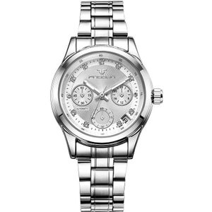 FNGEEN 3579 Dames Fashion Hollow Automatische Mechanische Horloge Kalender Horloge (Witte Stalen Riem Wit Oppervlak)