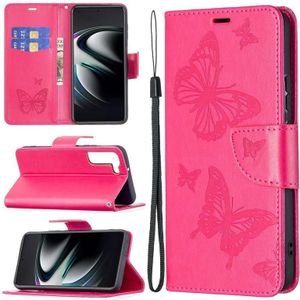 Voor Samsung Galaxy S22 Ultra 5G Embossing Two Butterflies Pattern Lederen Telefoonhoesje Met Houder & Card Slot & Portemonnee & Lanyard (Rose Red)