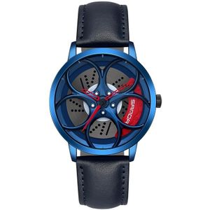 Sanda 1070 3D Ovaal Holle Wiel Niet-roteerbaar Dial Quartz Horloge voor Mannen  Stijl: Lederen Riem (blauw rood)