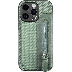 Voor iPhone 15 Pro Max Koolstofvezel Horizontale Flip Rits Portemonnee Telefoonhoesje (Groen)