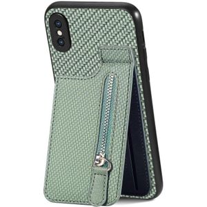 Voor iPhone XS Max Koolstofvezel Verticale Flip Rits Telefoon Case(Groen)