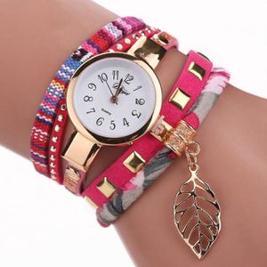 Dames Quartz Armband Horloge met Blad Vorm Hanger (Rose Rood)