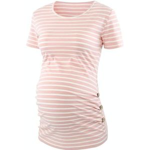Zwangerschap T-shirt Korte Mouwen Zijboeten Geplooide Top (Kleur: Roze Strepen Grootte: S)