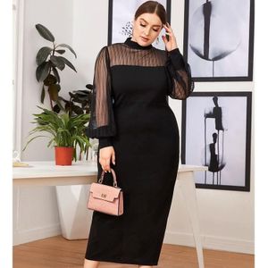 Mesh Stitching Half-High Collar See-Through Bag Hip Long Dress (XXXXL)