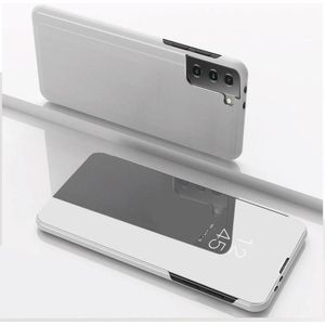 Voor Samsung Galaxy S21 FE plated spiegel horizontale flip lederen hoesje met houder (zilver)