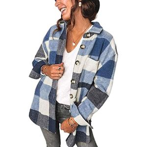 Revers lange mouwen flanel check shirt losse casual vest jack voor dames (kleur: blauw maat: m)