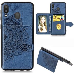 For Galaxy M20 Mandala Embossed Magnetic Cloth PU + TPU + PC Case with Holder & Card Slots & Wallet & Photo Frame & Strap(Blue)
