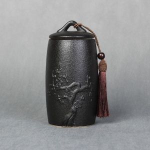 Pruim bloem patroon steengoed thee blikken opslagtanks keramische thee set theeceremonie accessoires (zwart)