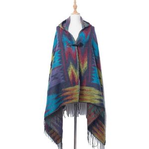 Herfst en Winter Horn Gesp etnische stijl Hooded Cloak Sjaal Bohemian Hooded sjaal  grootte: 135-175cm (B Stijl Blauw)