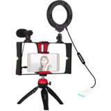 PULUZ 4 in 1 Vlogging Live Broadcast Smartphone Video Rig + 4 7 inch 12cm RGBW Ring LED Selfie Light + Microfoon + Pocket Tripod Mount Kits met Cold Shoe Tripod Head (Rood)