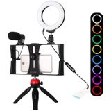 PULUZ 4 in 1 Vlogging Live Broadcast Smartphone Video Rig + 4 7 inch 12cm RGBW Ring LED Selfie Light + Microfoon + Pocket Tripod Mount Kits met Cold Shoe Tripod Head (Rood)