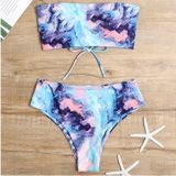 2 in 1 Polyester Tie-Dye Tube Top Bikini Dames Hoge Taille Split Badpak Set met Borst Pad (Kleur: Roze Blauw Maat: M)