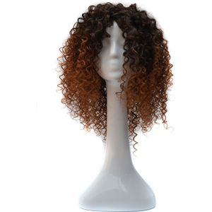 T191006 Europese en Amerikaanse zwarte kleurovergang licht bruine pruik hoofddeksel met korte en kleine krullend haar voor vrouwen
