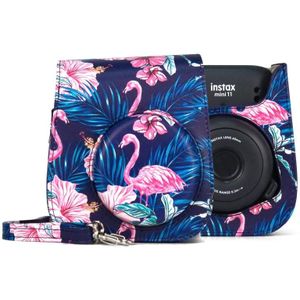 Flamingo patroon camera tas met schouderriem voor Fujifilm Instax mini 11 (zwarte achtergrond)