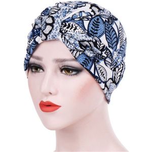 Vrouwen Floral Cotton Turban Hat Wrap Cap  Maat: M(56-58cm)(Blauwe bladeren)