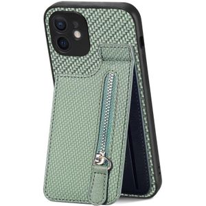Voor iPhone 12 mini Koolstofvezel Verticale Flip Rits Telefoon Case(Groen)