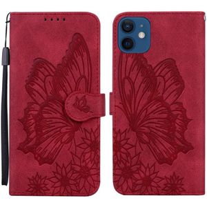Retro huid gevoel vlinders relif horizontale flip lederen geval met houder & kaart slots & portemonnee voor iPhone 12 mini (rood)