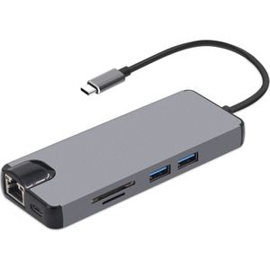 8 in 1 type-C naar HDMI + USB 3 0 + USB 3 0 + type-C + LAN + VGA + TF/SD-kaartlezer adapter (grijs)