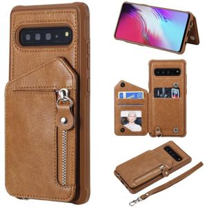 Voor Galaxy S10 5G Dual Buckles Zipper Shockproof Back Cover Protective Case met Holder & Card Slots & Wallet & Lanyard & Photos Frames(Koffie)