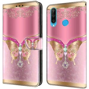 Voor Huawei P30 Lite Crystal 3D schokbestendige beschermende lederen telefoonhoes (roze onderkant vlinder)