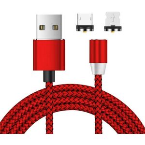 2 in 1 USB naar 8 Pin + Micro USB Magnetic Metal Interface Nylon Vlecht oplaadkabel  lengte: 1m (Rood)