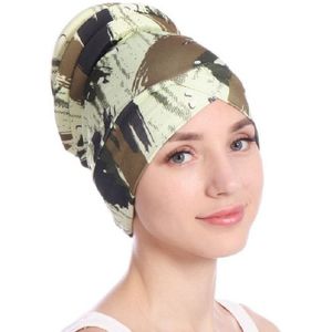 Floral Turban Hat Cotton Back Plate Hair Wrap Cap  Size:M (56-58cm)(Army Green)