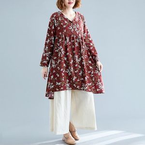 Retro Print Plus Maat Katoen en Linnen jurk losse V-hals rok (kleur: wijn rood formaat: M)