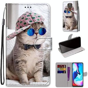 Voor Motorola Moto E7 Plus / G9 Play / G9 gekleurde tekening cross textuur horizontale flip PU lederen behuizing met houder & kaart slots & portemonnee & lanyard (schuine hoed blauwe spiegel kat)